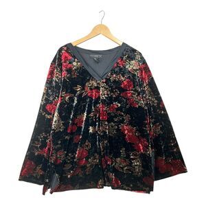 Venezia Long Sleeve Crushed Velvet Floral Print Top size 22/24 Black/Red
